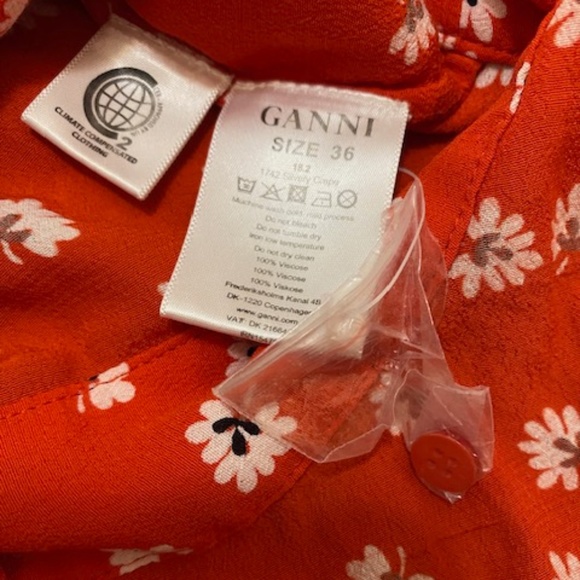 Ganni Floral Crepe Long Sleeve Wrap Red Ruffle Neckline Size EU 36 / US 4 - Picture 7 of 8